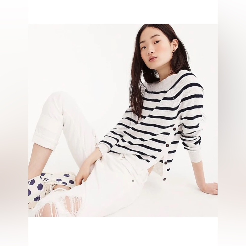 J Crew Striped Crewneck Sweater With Sude Buttons Size M